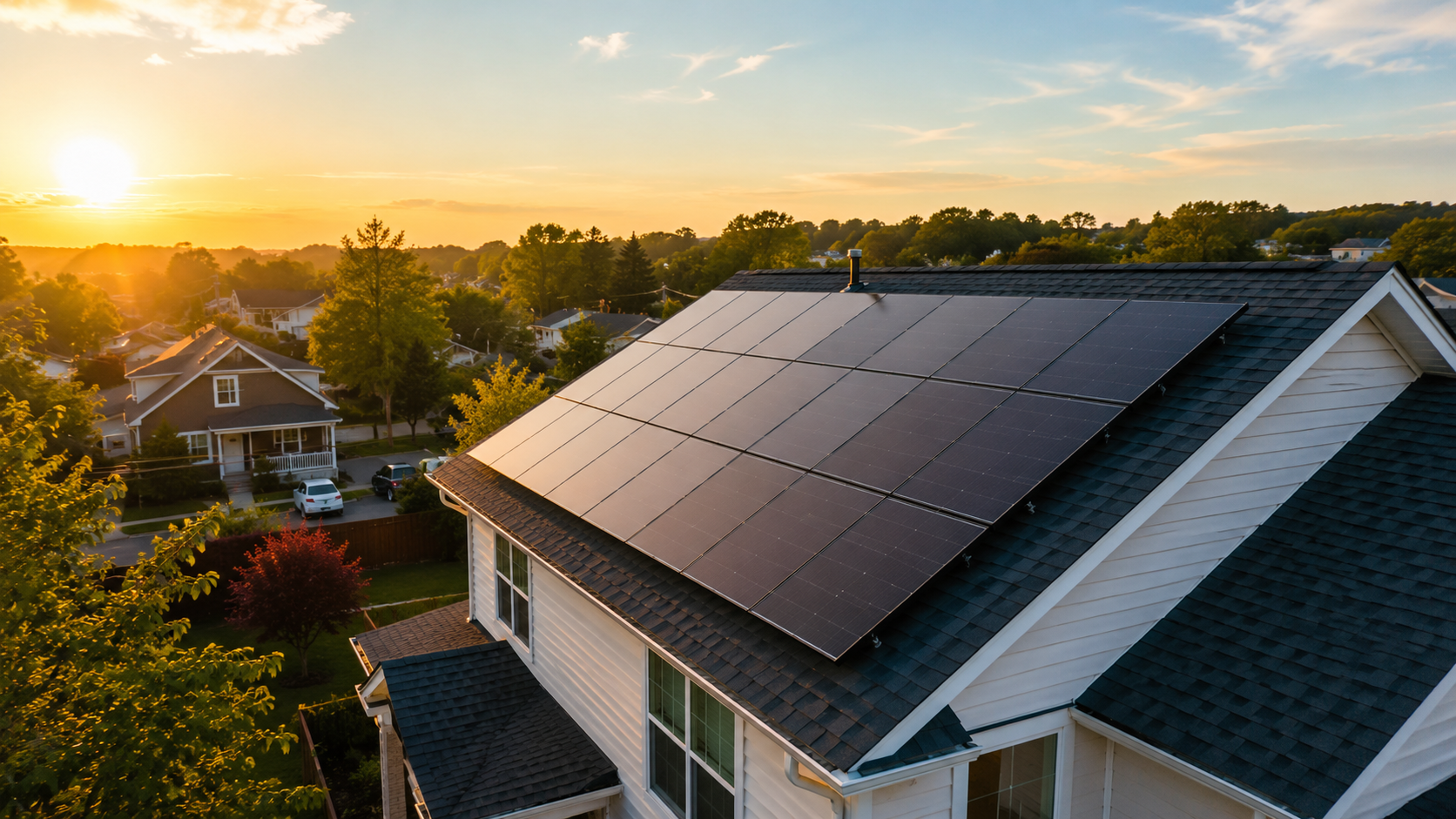 Residential rooftop solar array, late-afternoon golden hour over a suburban home