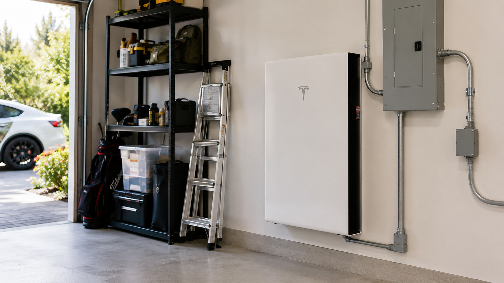 A Tesla Powerwall or equivalent home battery installed in a garage, connected to a residential electrical panel