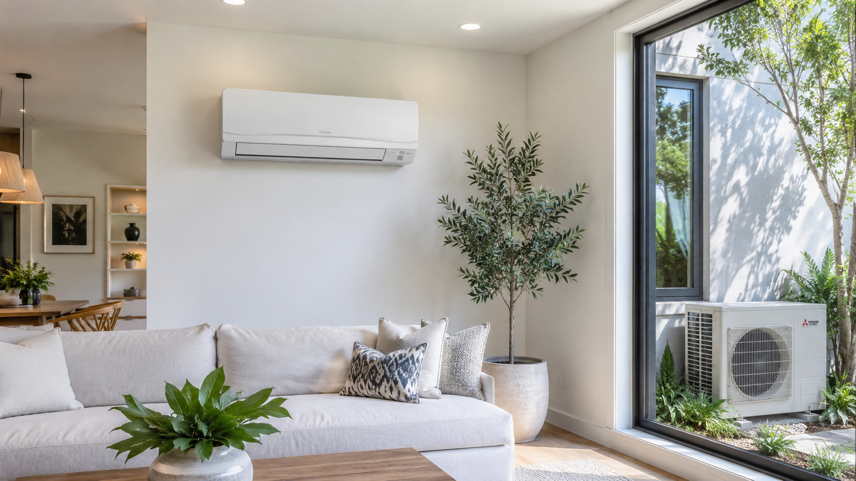 Modern cold-climate heat pump installed on the side of a New England home