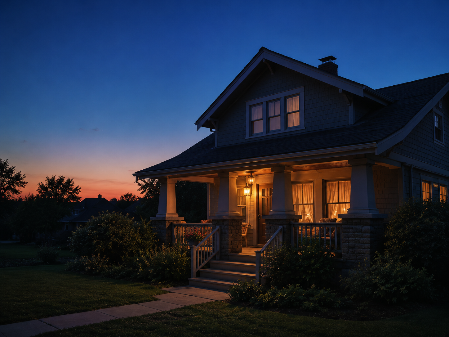 A New England home at dusk with the porch light just coming on