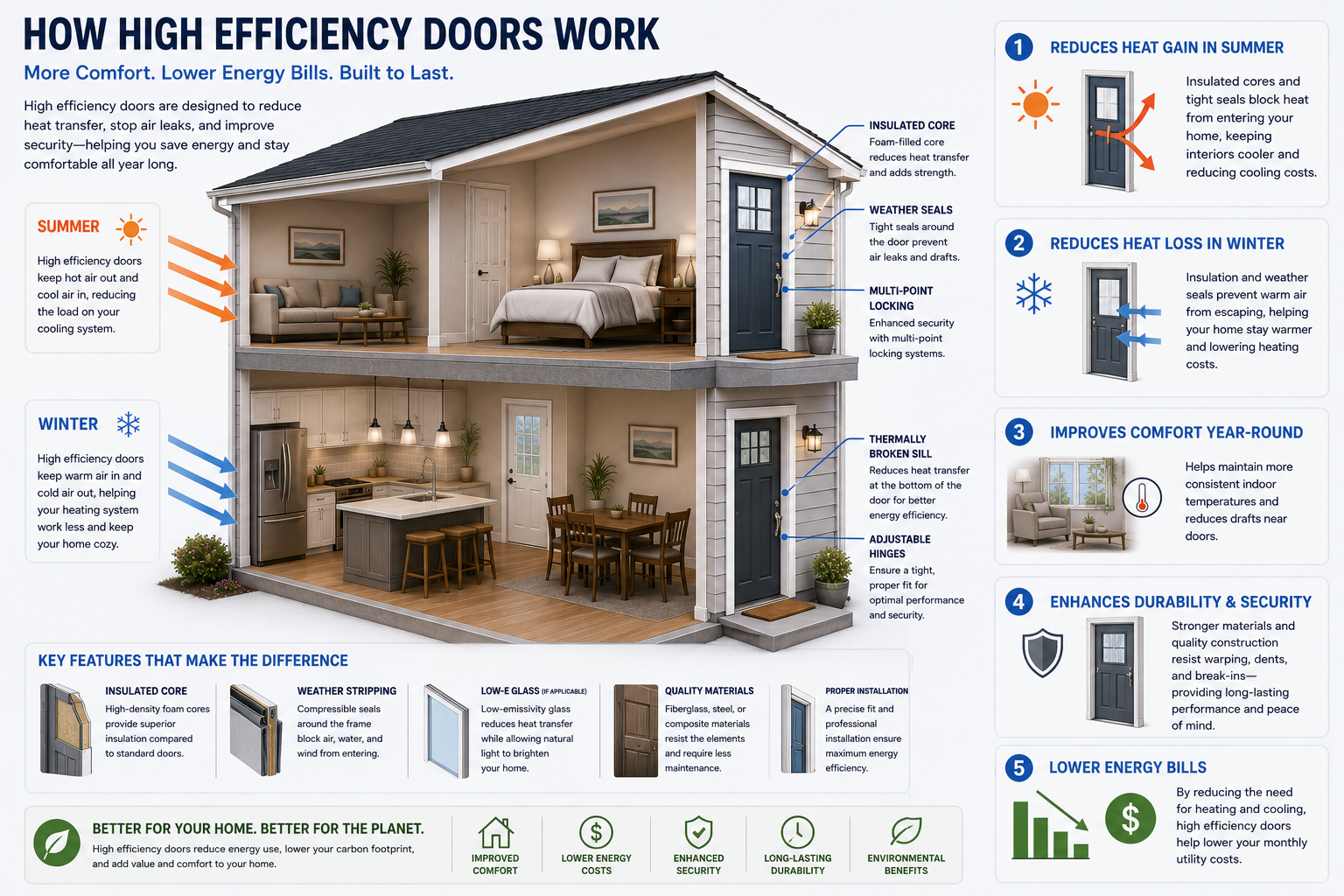 Diagram of an ENERGY STAR exterior door: insulated polyurethane core, low-e glass lites where present, full-perimeter weatherstripping, adjustable threshold and sweep that seal against the floor, blocking air leakage and heat loss at the most-used opening in the house