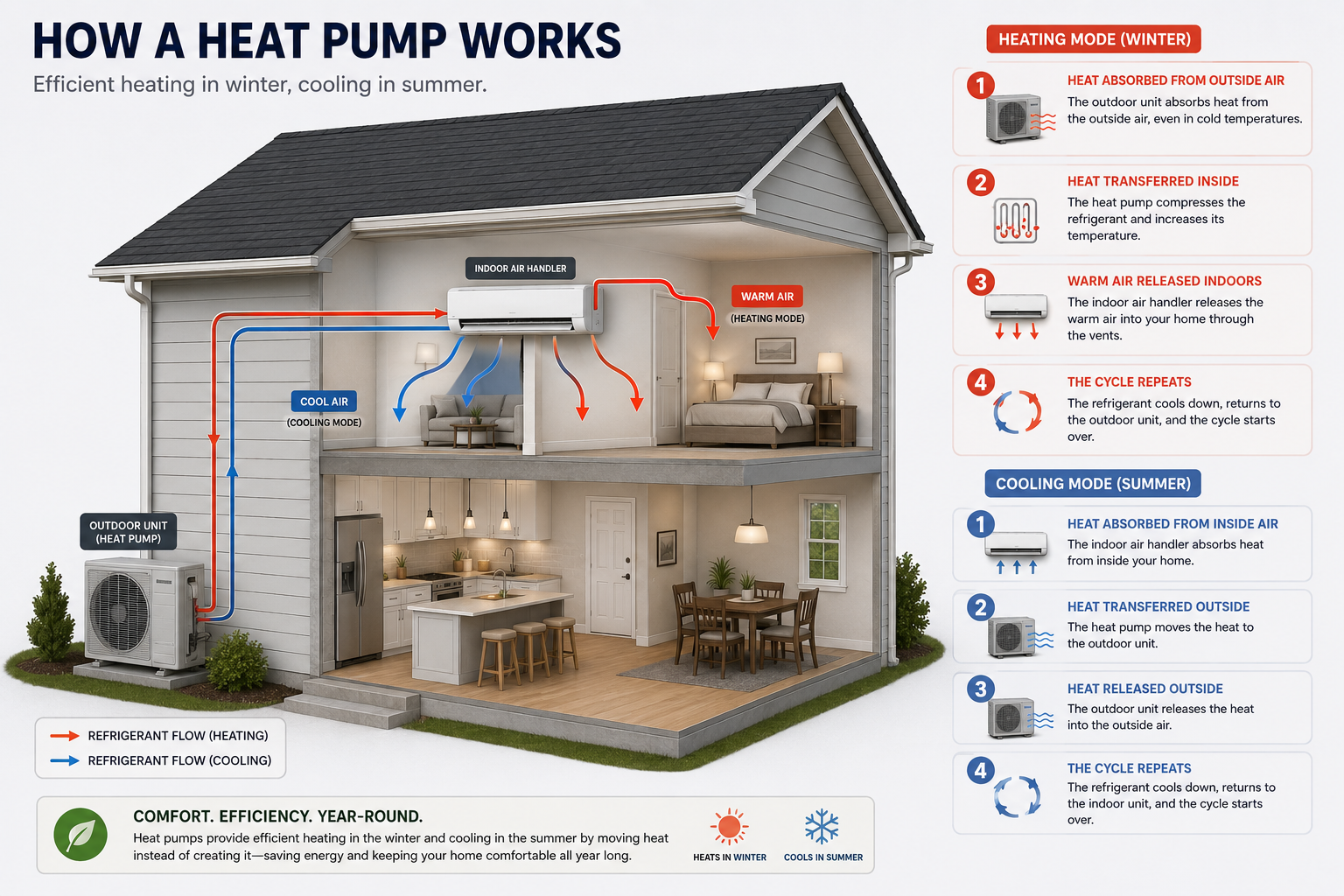Diagram of a ducted whole-home heat pump: outdoor condenser pulls heat from outside air, refrigerant carries it to an indoor air handler, ductwork distributes warm or cool air through the house