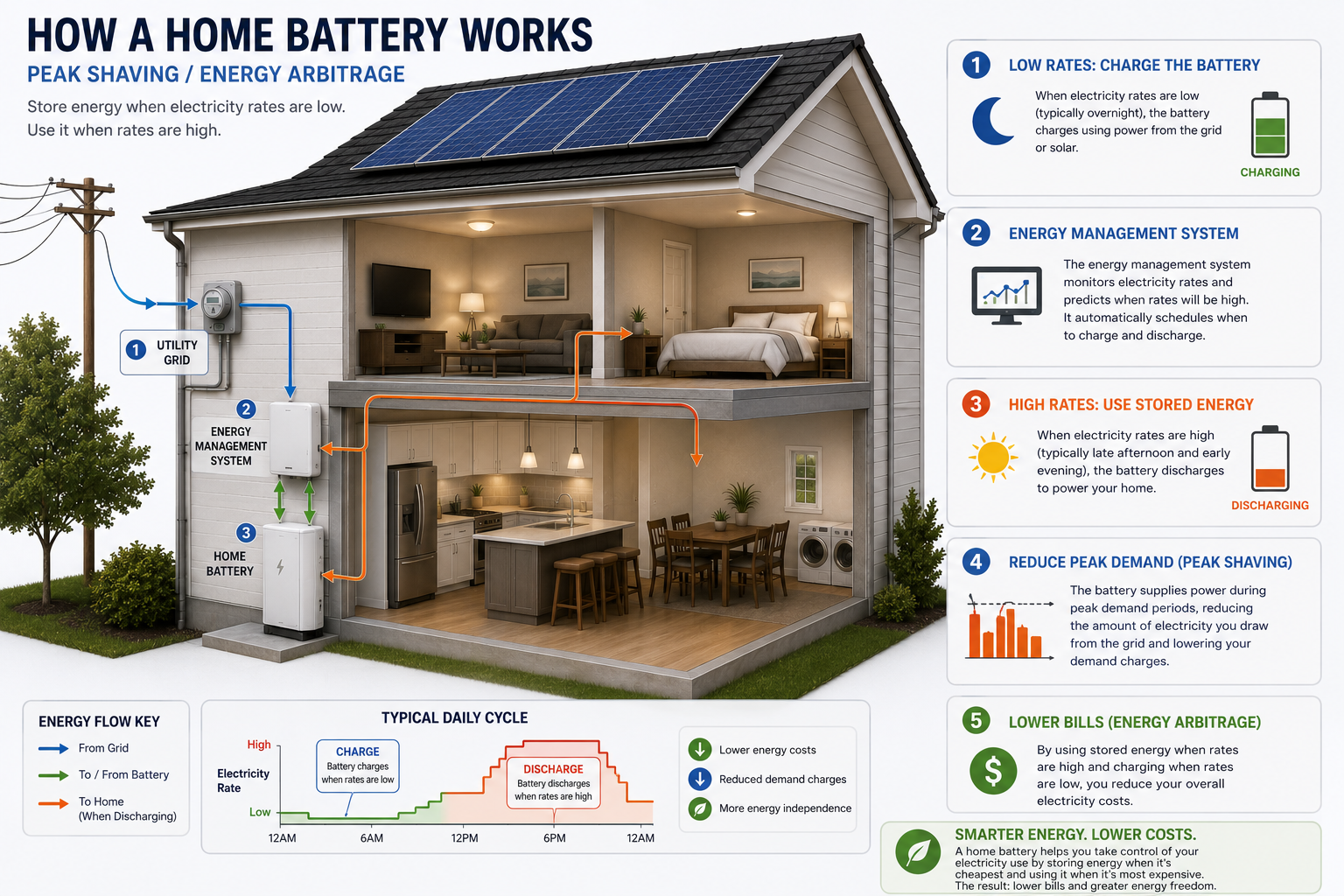 Diagram of peak shaving: during the utility's daily peak window, the home draws from its battery instead of the grid, the battery discharges to flatten that demand spike, and the utility pays the homeowner per kW of capacity provided