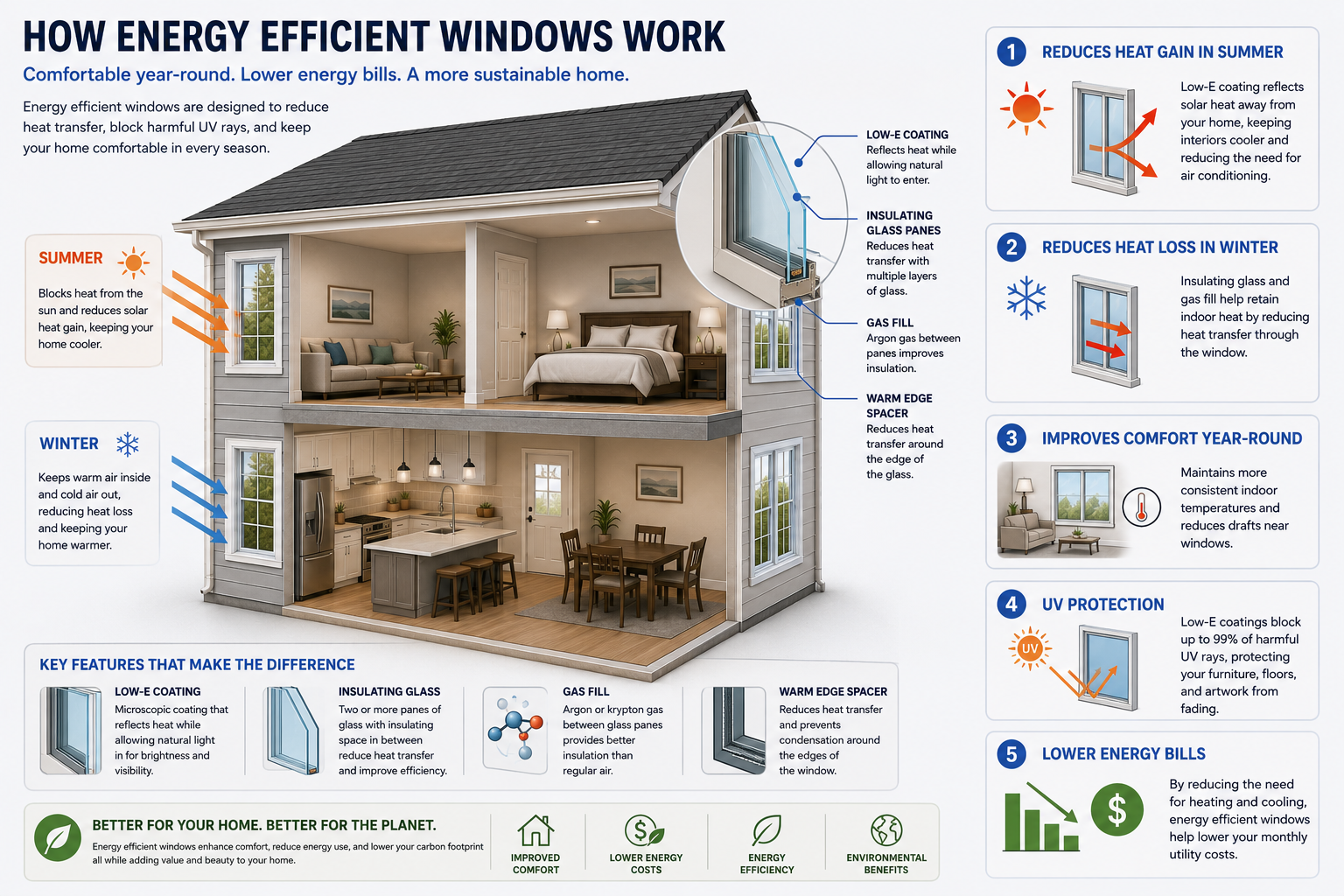 Diagram of an ENERGY STAR Most Efficient window: triple-pane construction, low-e coatings on the inside panes, argon gas between the panes, warm-edge spacers around the perimeter, all working together to block heat transfer and outside noise