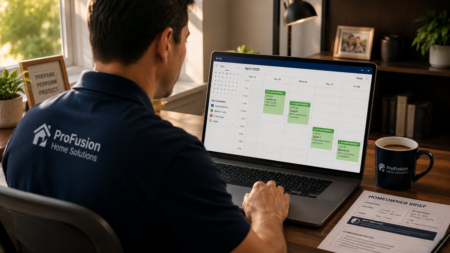 An installer reviewing a calendar app showing confirmed appointments for the week ahead