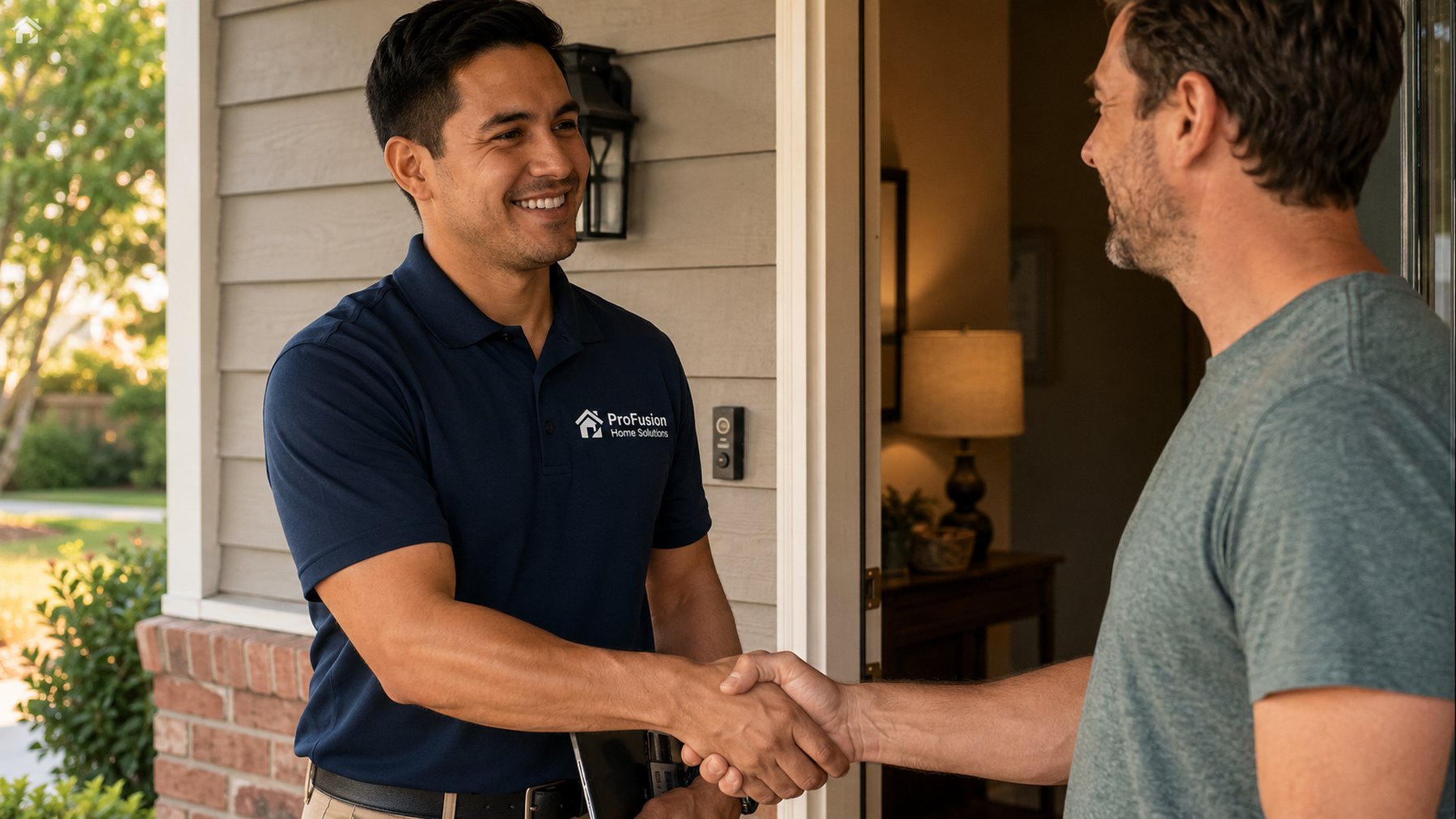 A ProFusion installation partner shaking hands with a homeowner at the front door