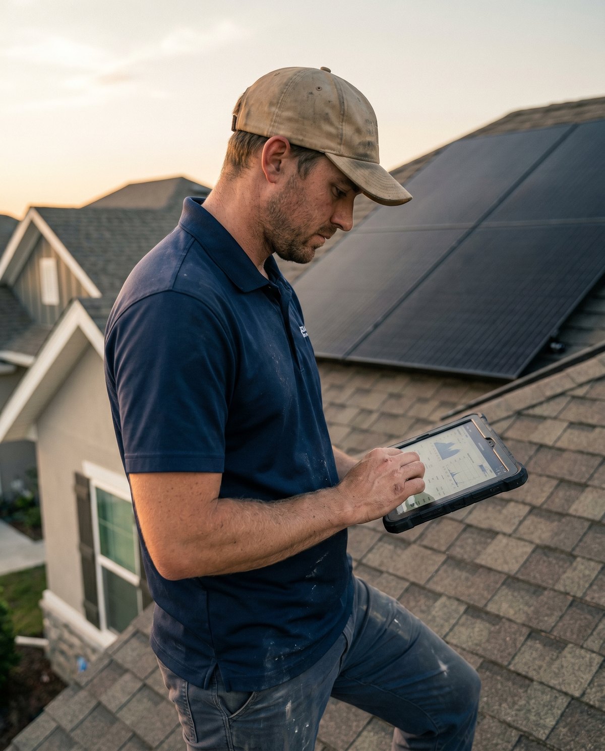 A ProFusion installation partner on a residential rooftop, reviewing a homeowner's energy readings on a tablet at golden hour