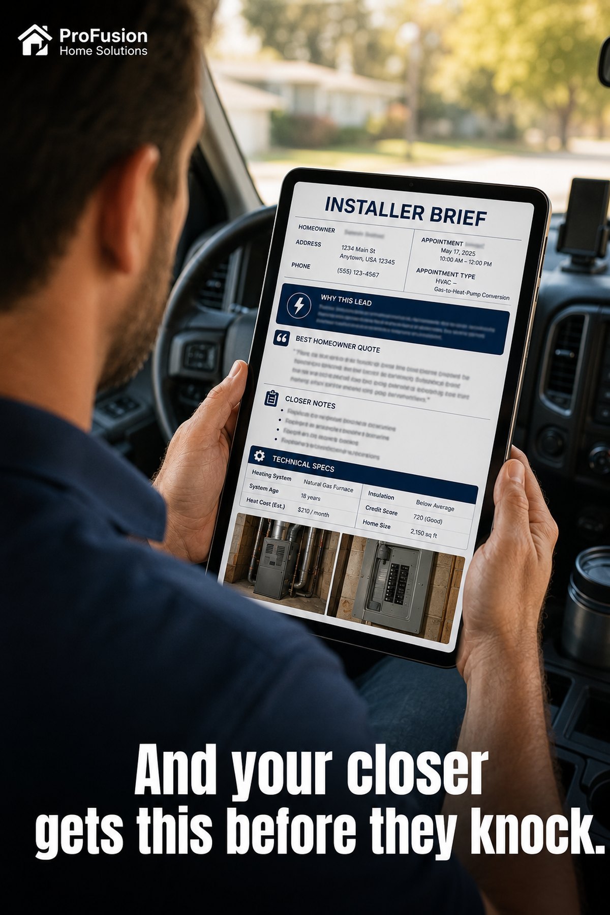 An installer's phone showing the ProFusion Intel Package with homeowner details, intent score, and route