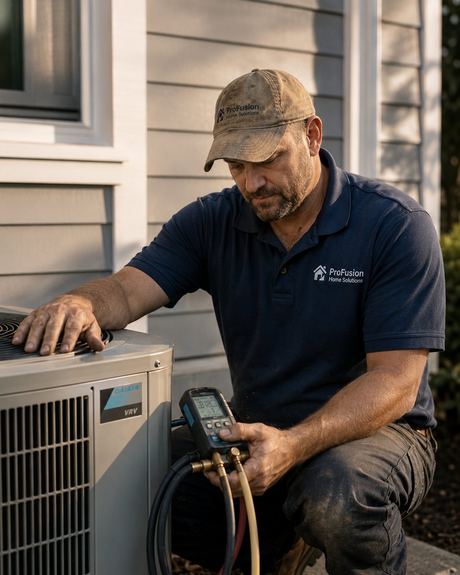 A ProFusion HVAC technician beside a residential heat pump condenser