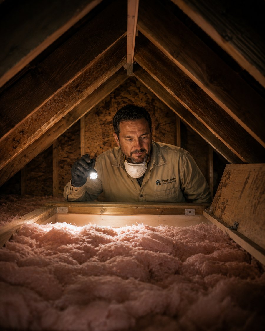 A ProFusion insulation installer in a residential attic