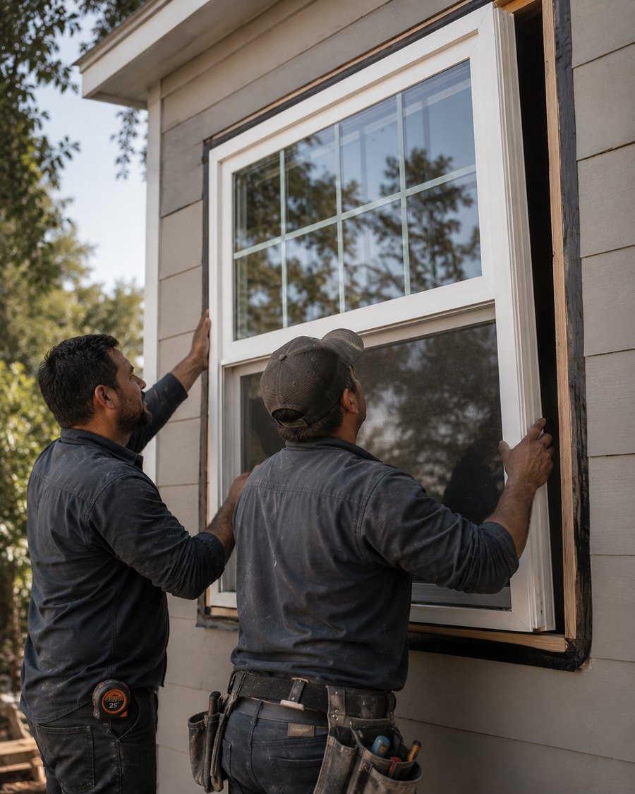 A ProFusion windows installation specialist beside a newly installed residential window