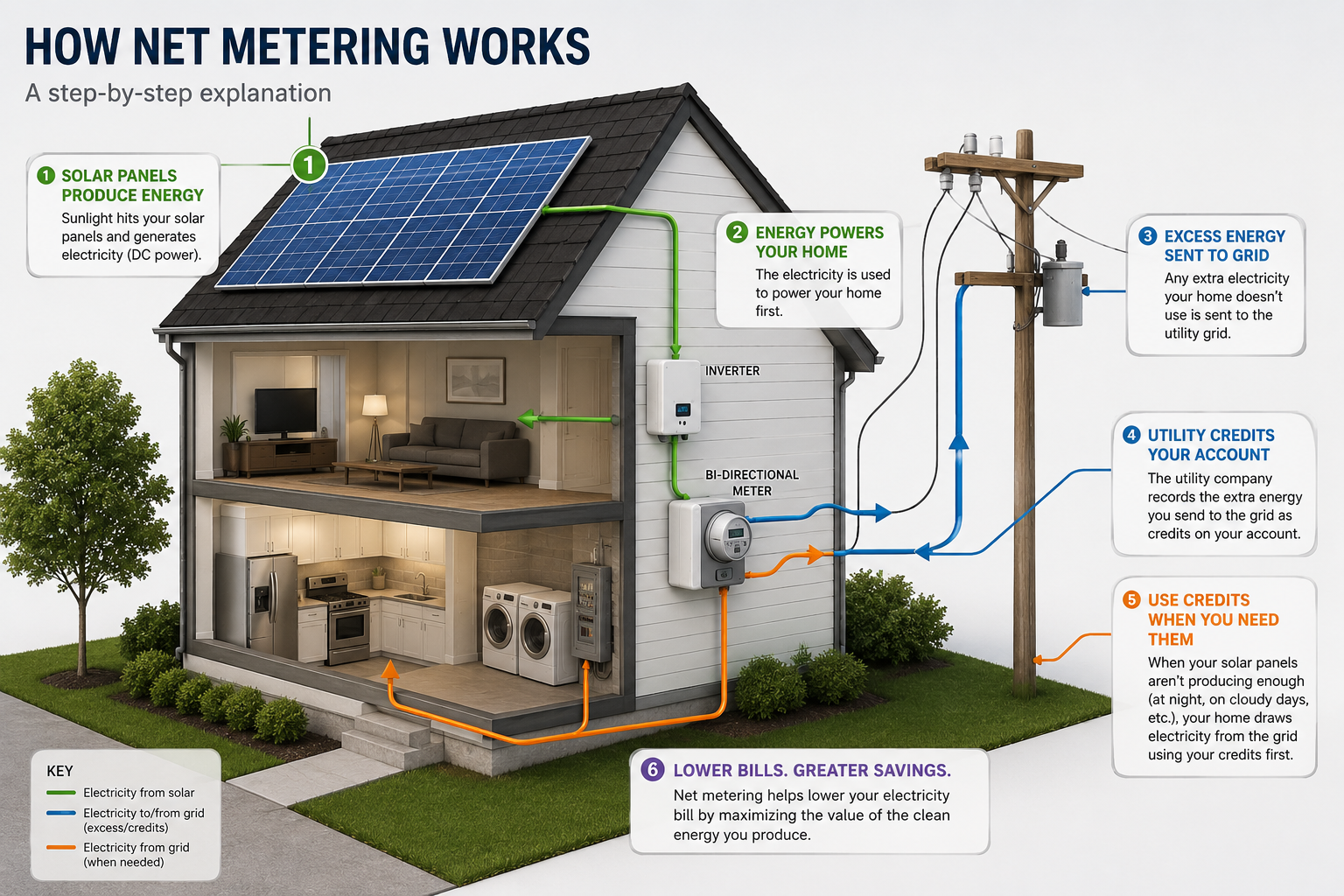 Net metering diagram: rooftop solar panels feeding back into a bidirectional utility meter, with grid and house loads connected