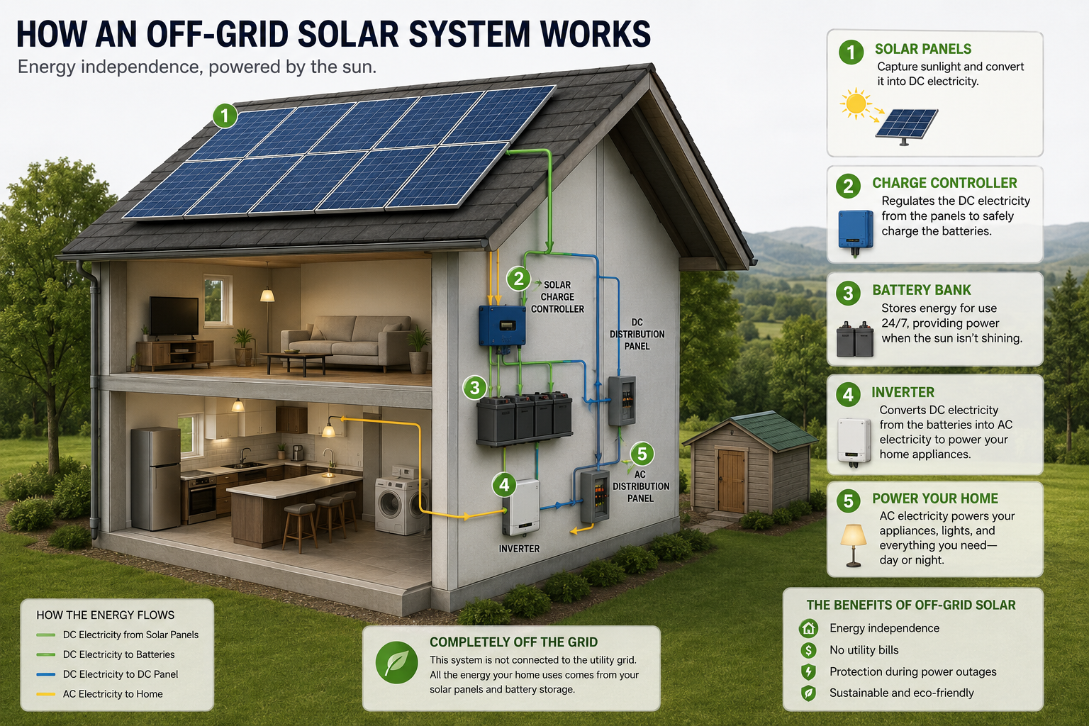 Diagram of a solar-paired home battery system: rooftop solar panels charge a wall-mounted battery during the day, the battery powers critical loads at night, and the system seamlessly islands the home during a grid outage