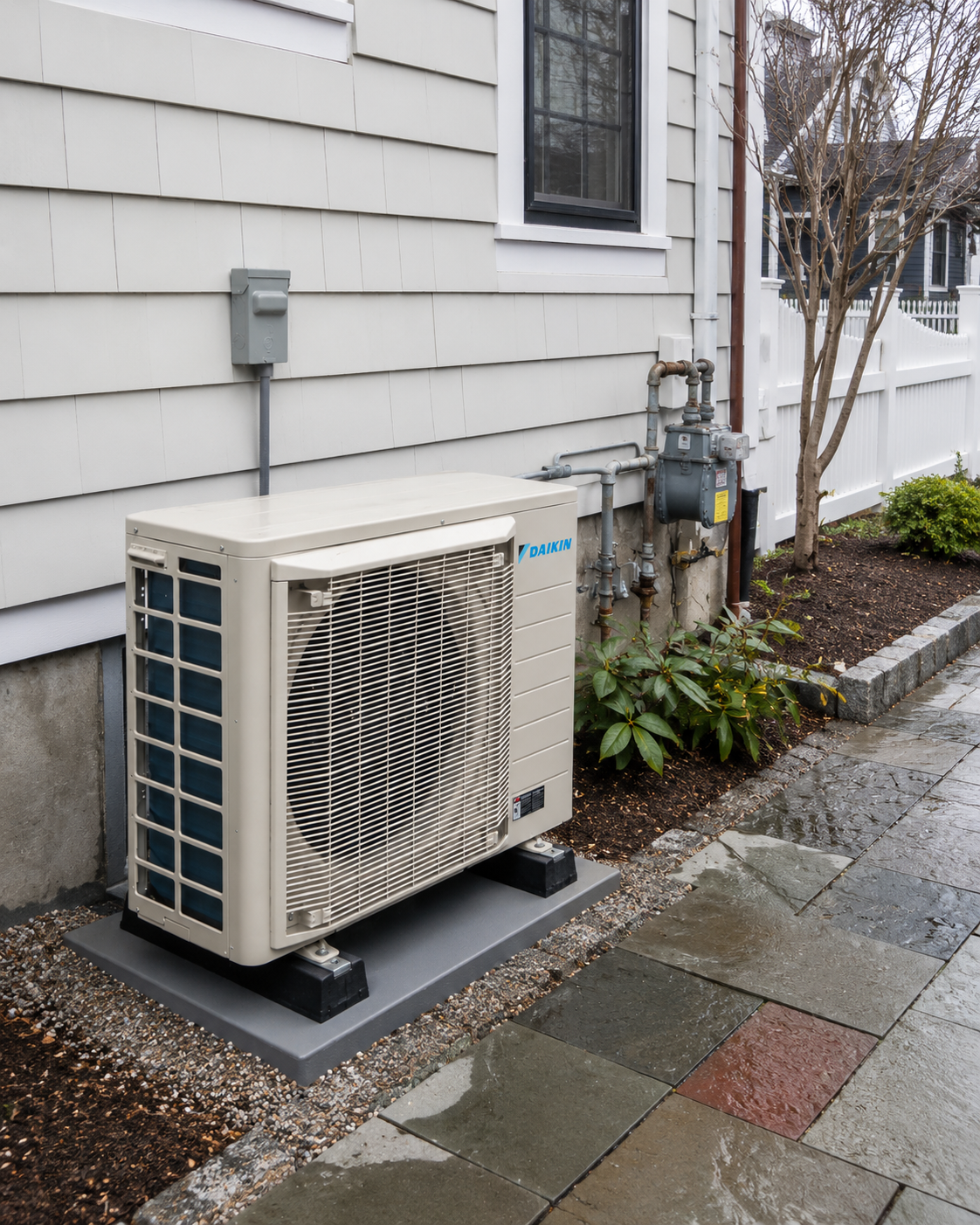 Clean Heat Rhode Island heat pump installation, a residential air-source heat pump system at a Rhode Island home