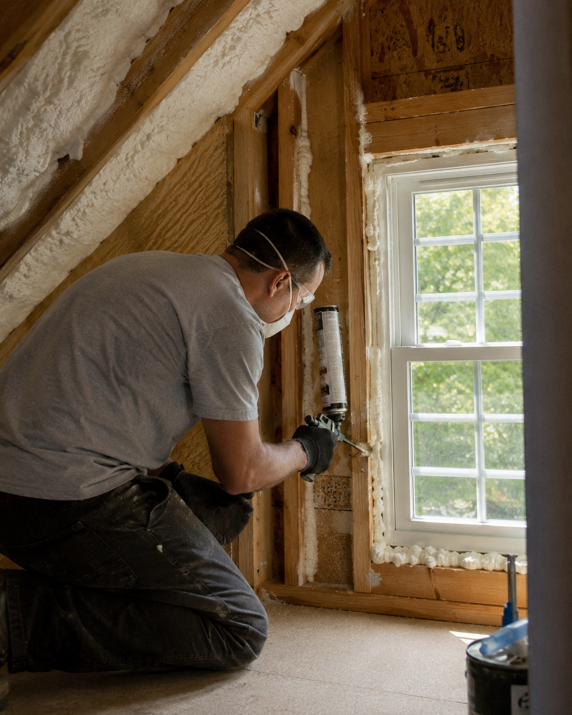 Efficiency Maine weatherization in progress, an installer adding insulation in a Maine home