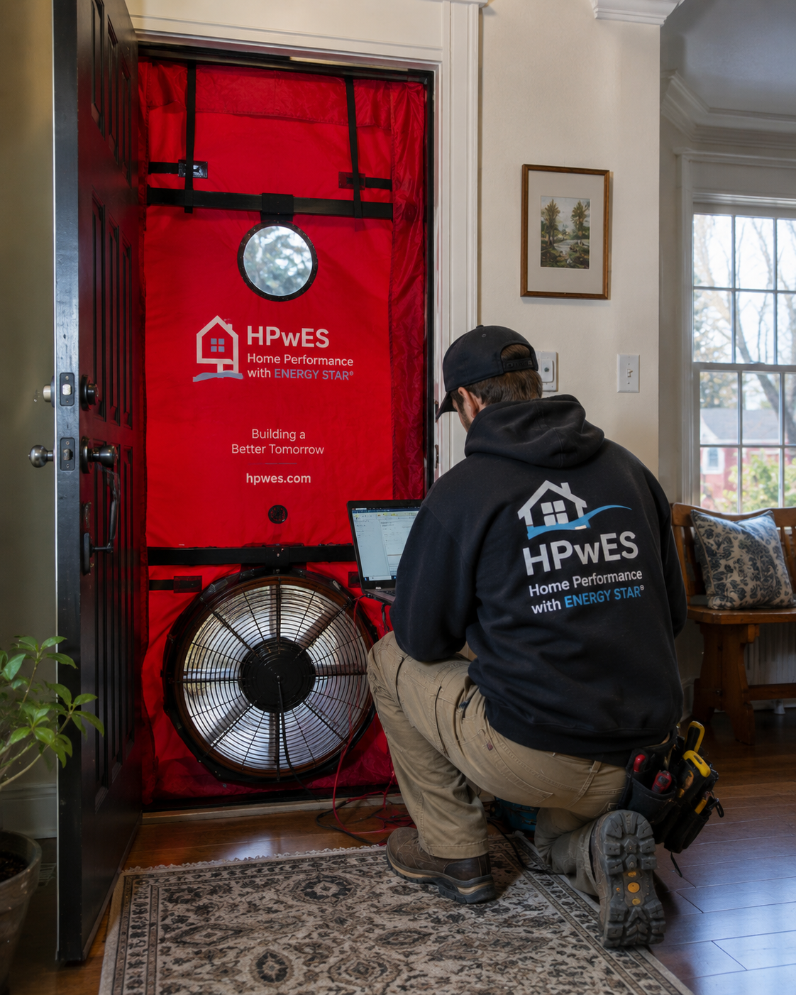 EmPOWER Maryland weatherization project, an HPwES contractor doing attic insulation and air sealing in a Maryland home