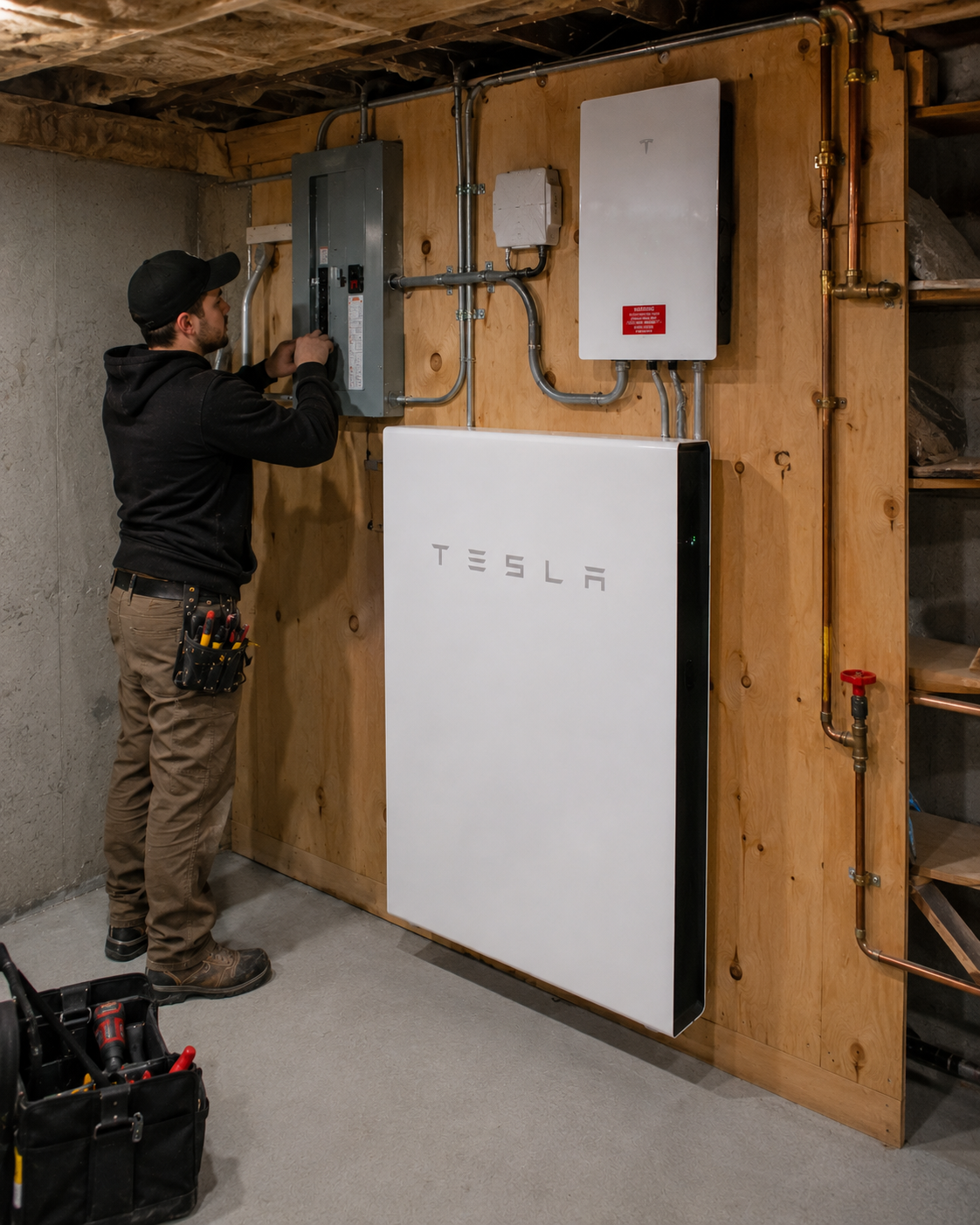 A Green Mountain Power Powerwall installation, a wall-mounted Tesla battery enrolled in the GMP Bring Your Own Device program at a Vermont home