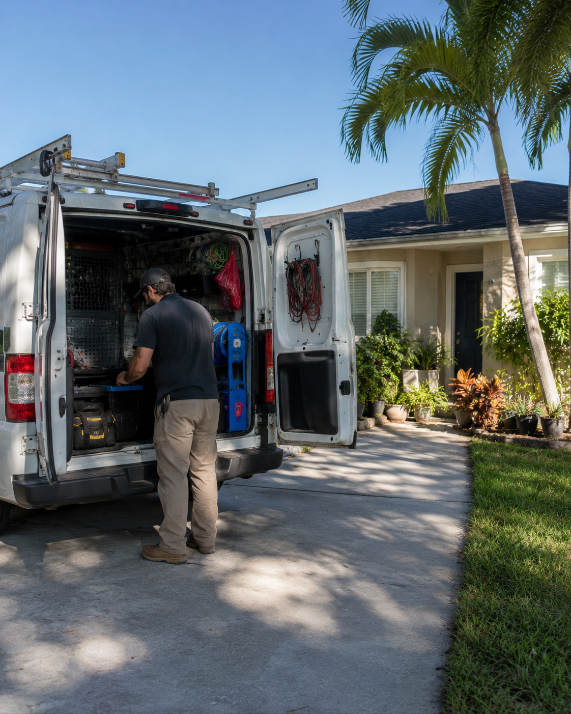 A Florida home insulation project, an installer adding attic insulation in a single-story stucco home