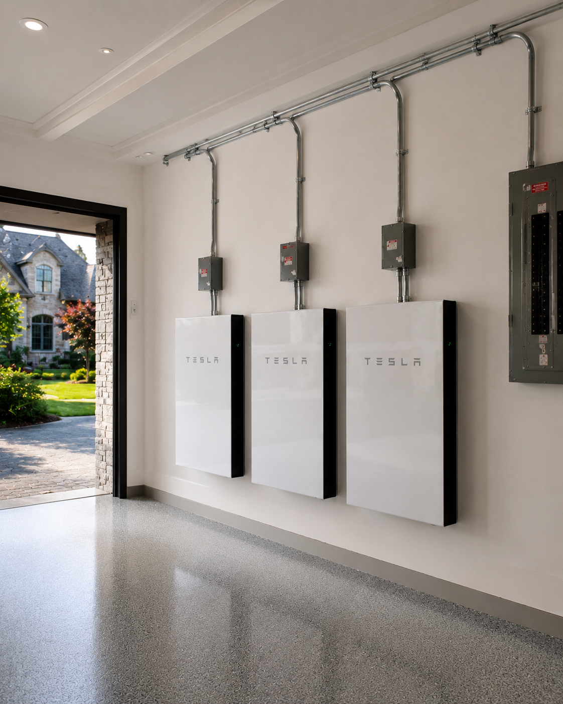 A wall-mounted residential battery storage system installed at a Maryland home, clean utility install with conduit visible