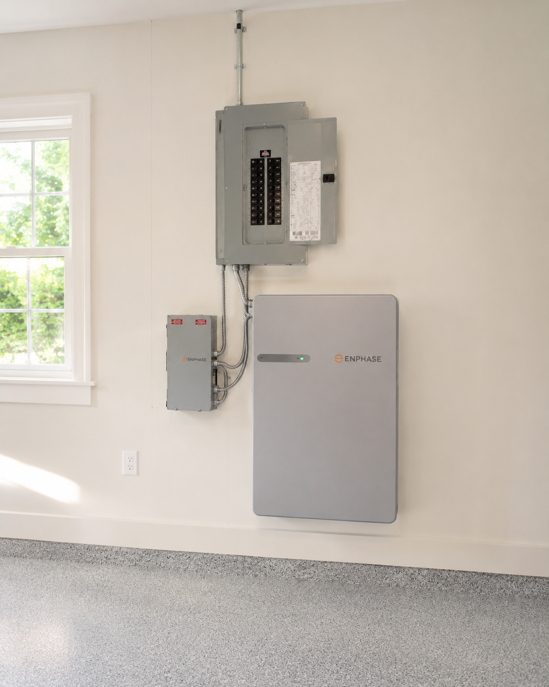 A wall-mounted residential battery storage system installed at a New Jersey home, clean utility install with conduit visible