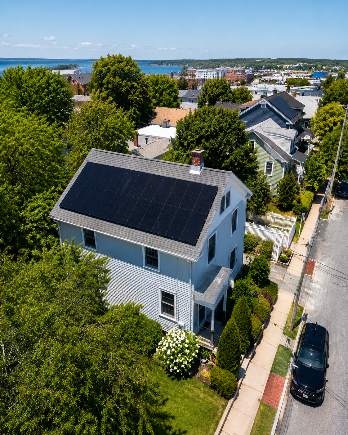 A pitched-roof Maine home with solar panels in late-afternoon light