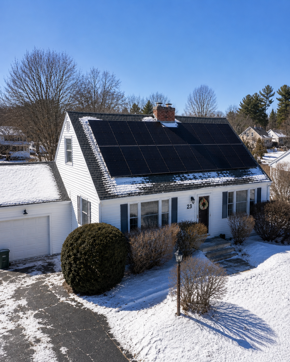A pitched-roof New Hampshire home with solar panels on a clear winter day
