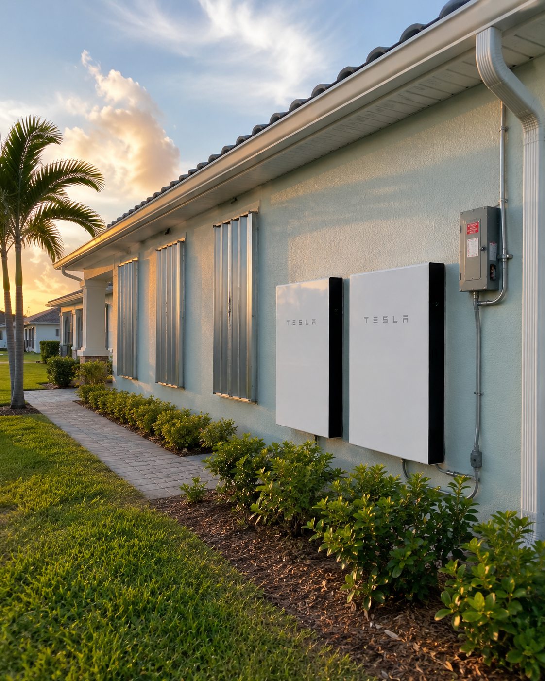 Wall-mounted residential battery storage installed at a Florida home, clean utility install with conduit visible