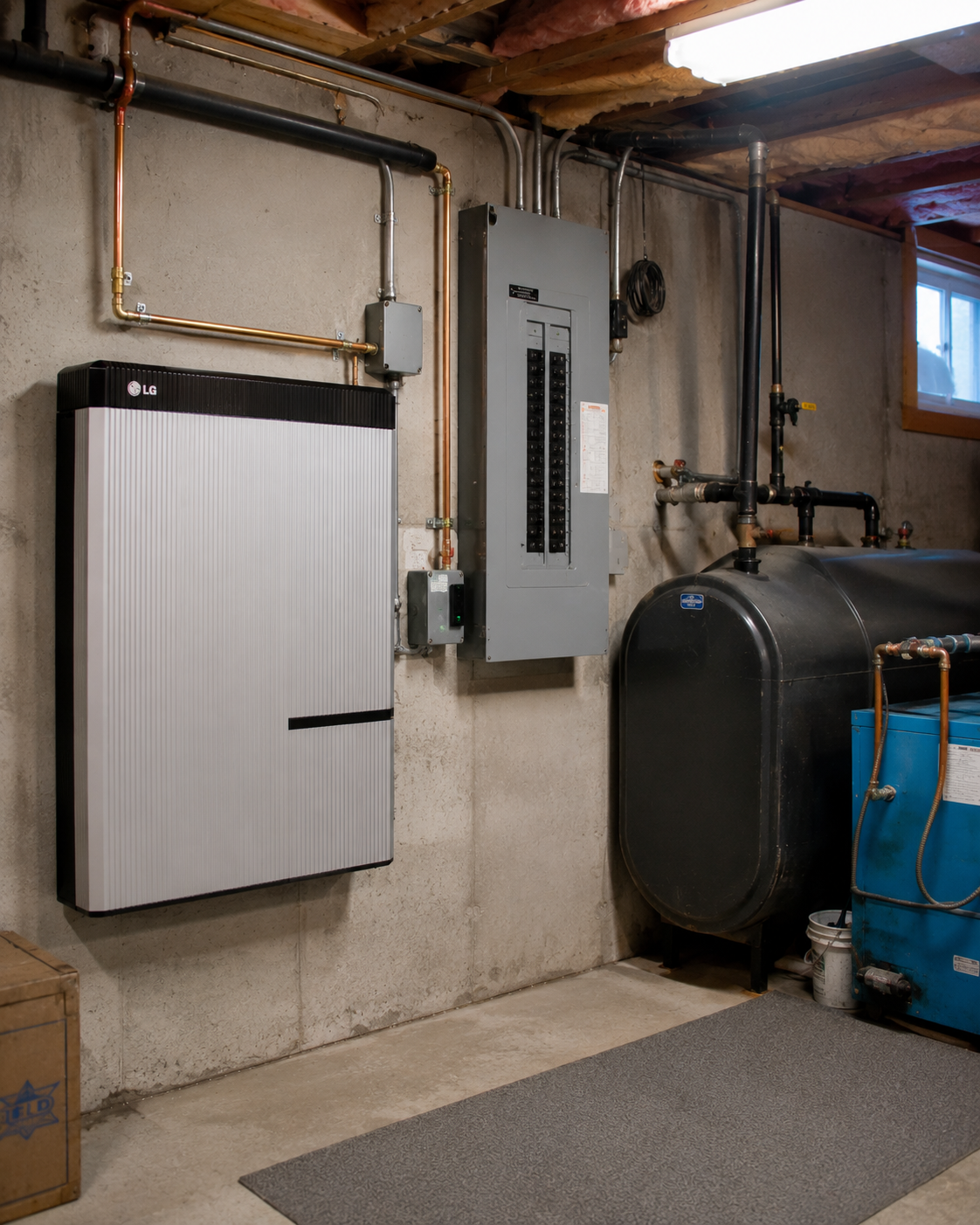 A wall-mounted residential battery storage system installed in a Maine home, clean utility install with conduit visible