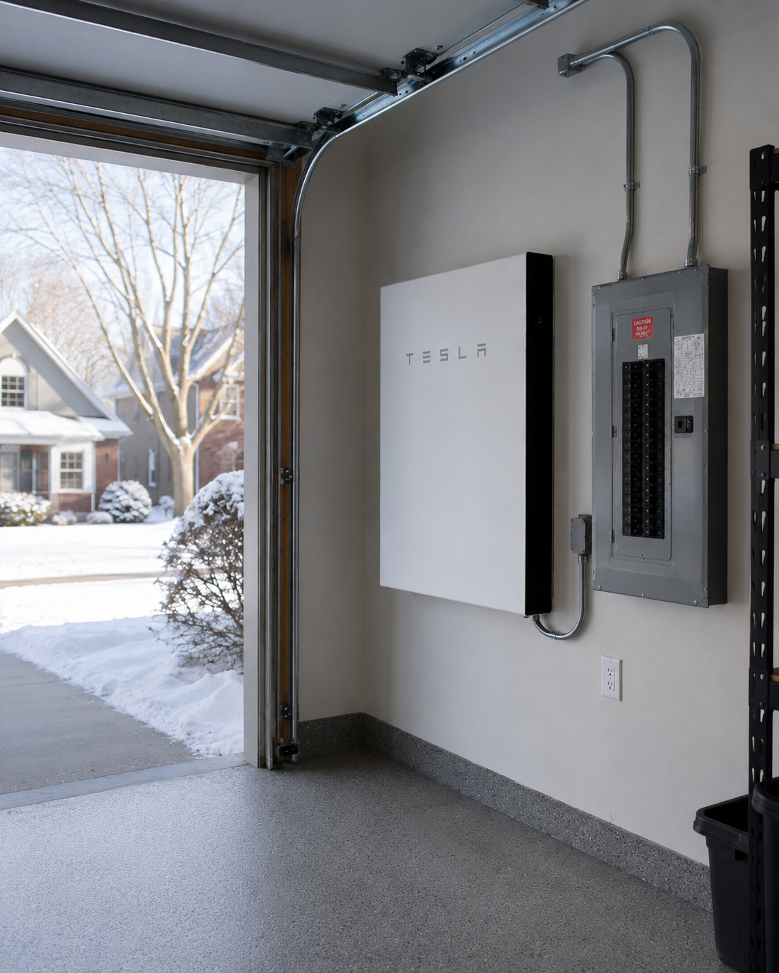 A wall-mounted residential battery storage system installed at a Michigan home, clean utility install with conduit visible