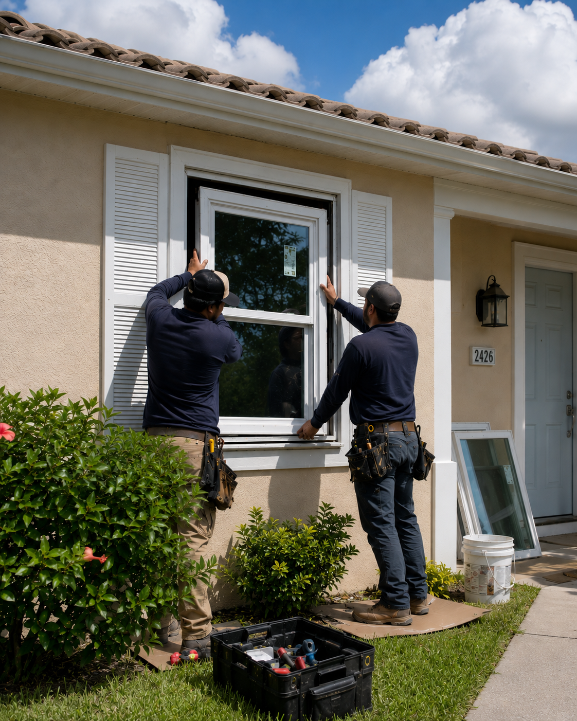 A Florida home window upgrade in progress, hurricane impact windows being set into the rough opening of a CBS-construction ranch (concrete block stucco)