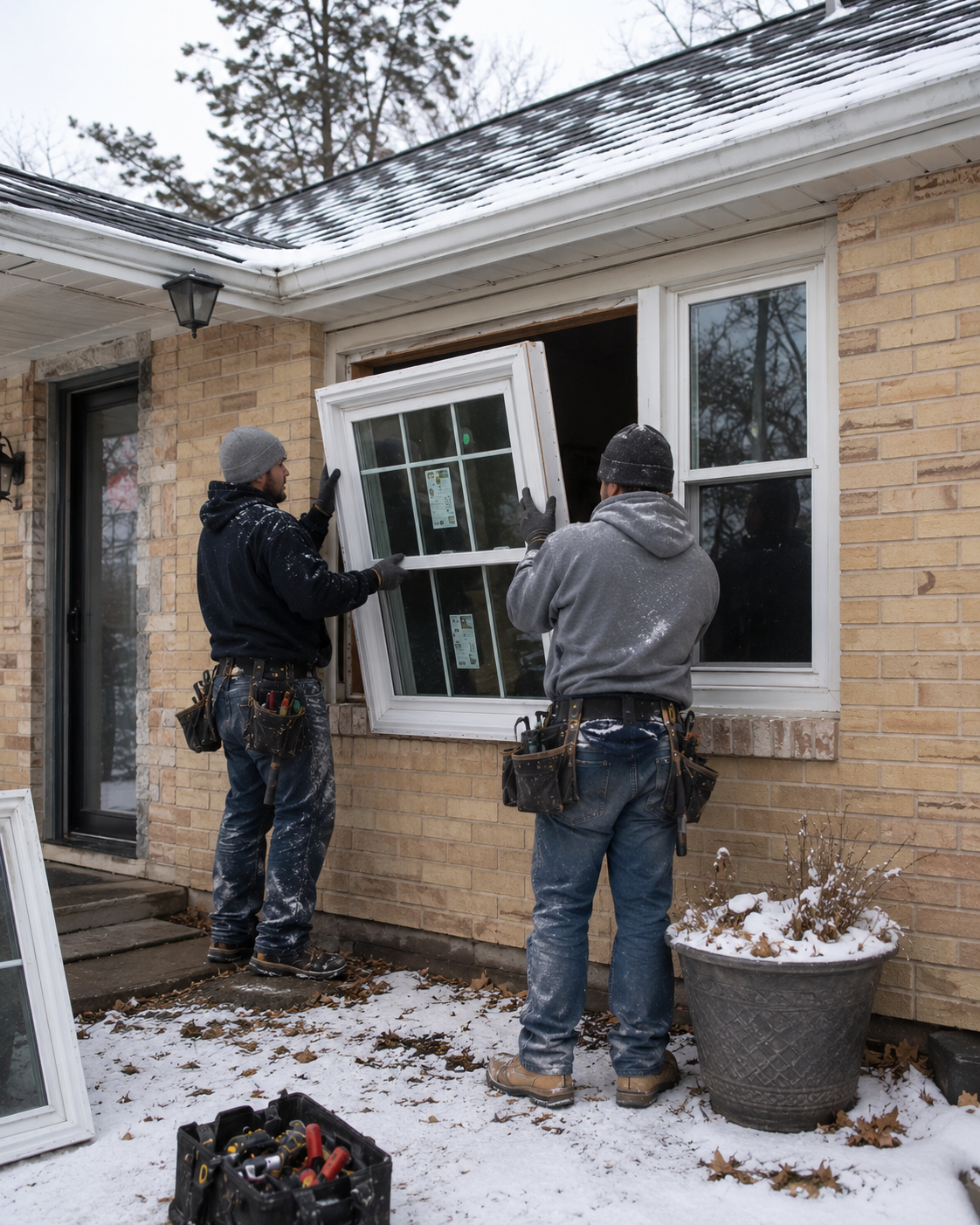 A Michigan home window upgrade in progress, ENERGY STAR Northern-Zone windows being set into the rough opening of an Oakland County colonial