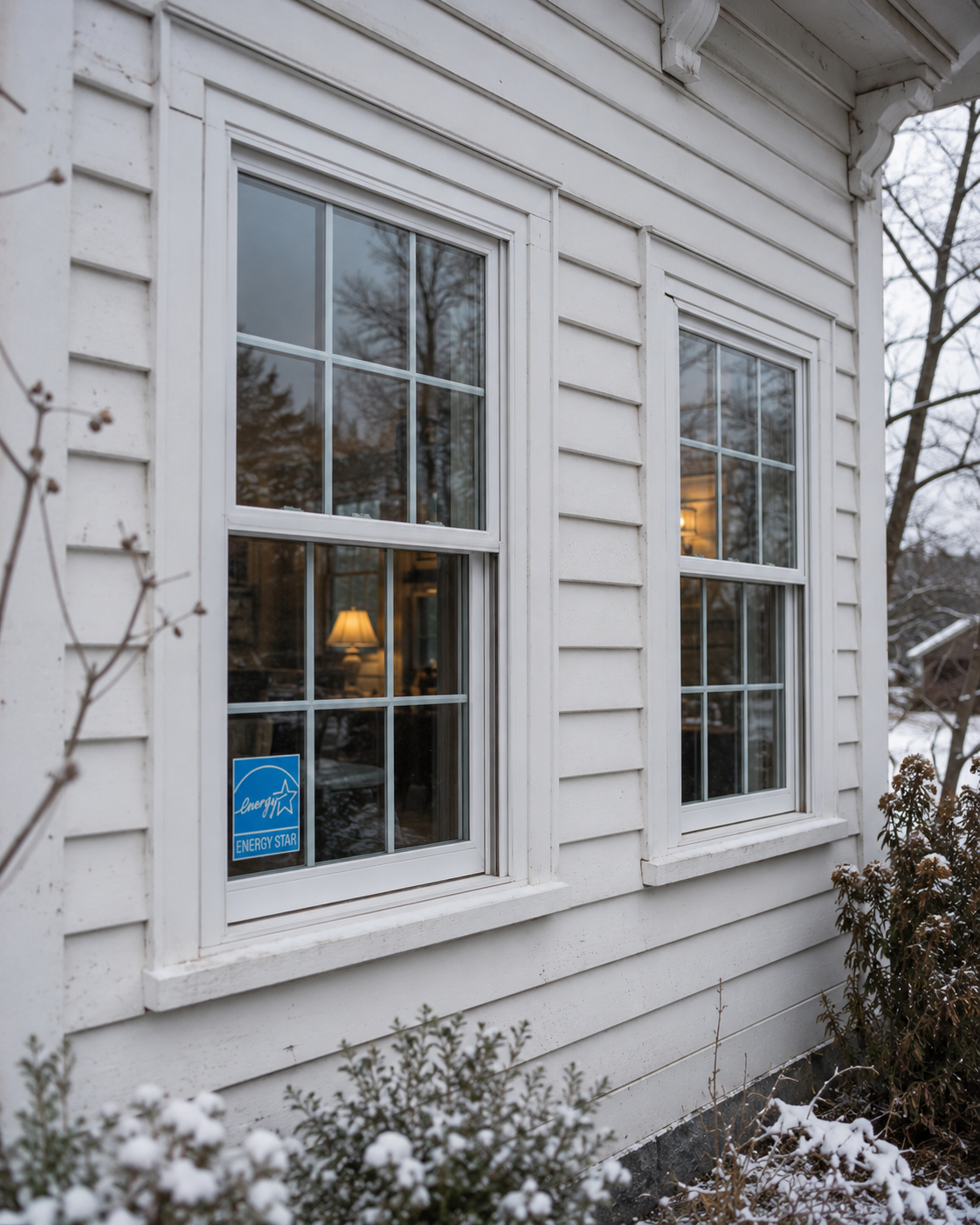 A Maine home window upgrade in progress, new ENERGY STAR double-hung windows installed in a weathered Cumberland County farmhouse