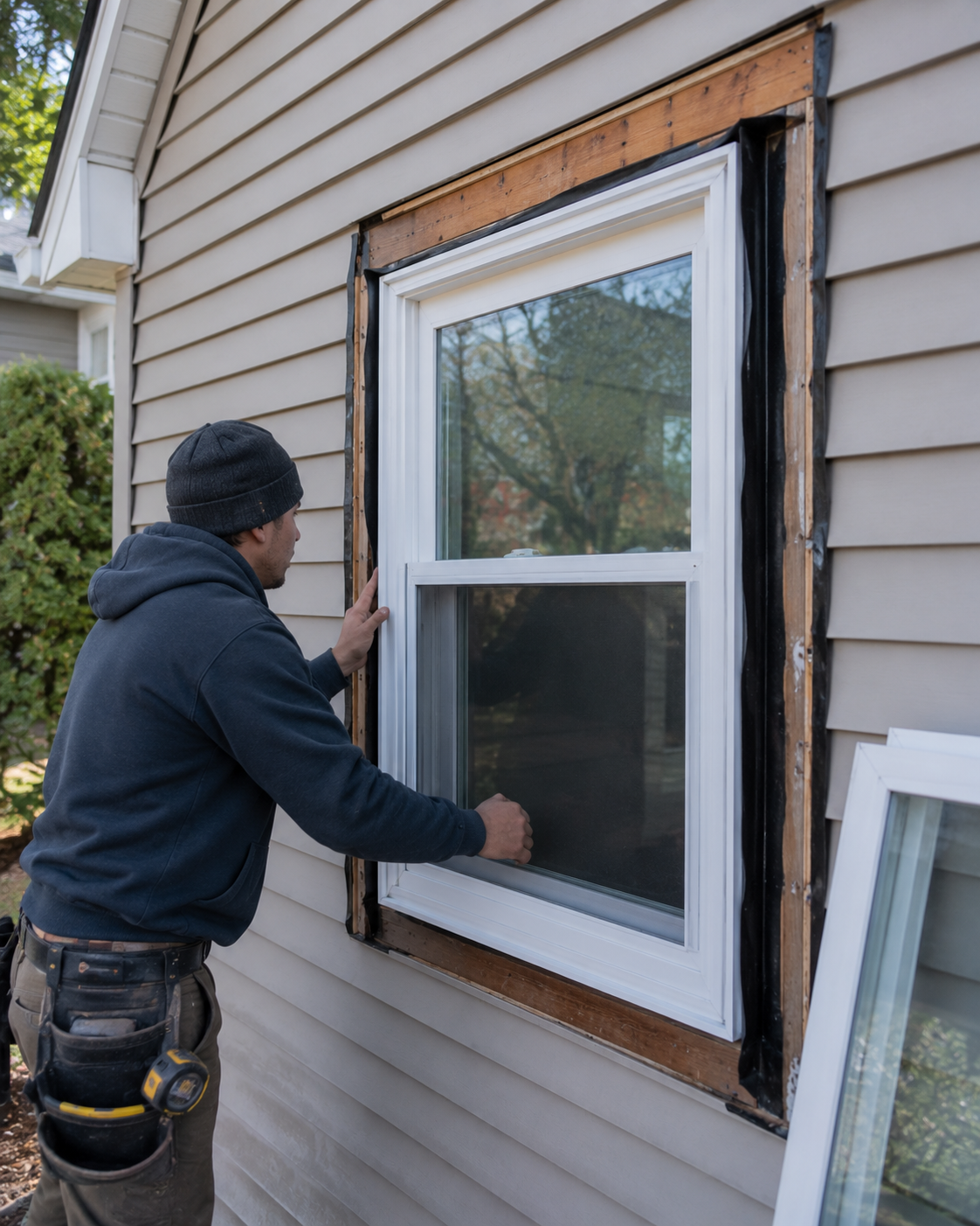 A New Hampshire home window upgrade in progress, ENERGY STAR Northern-Zone windows being set into the rough opening of a Merrimack County colonial