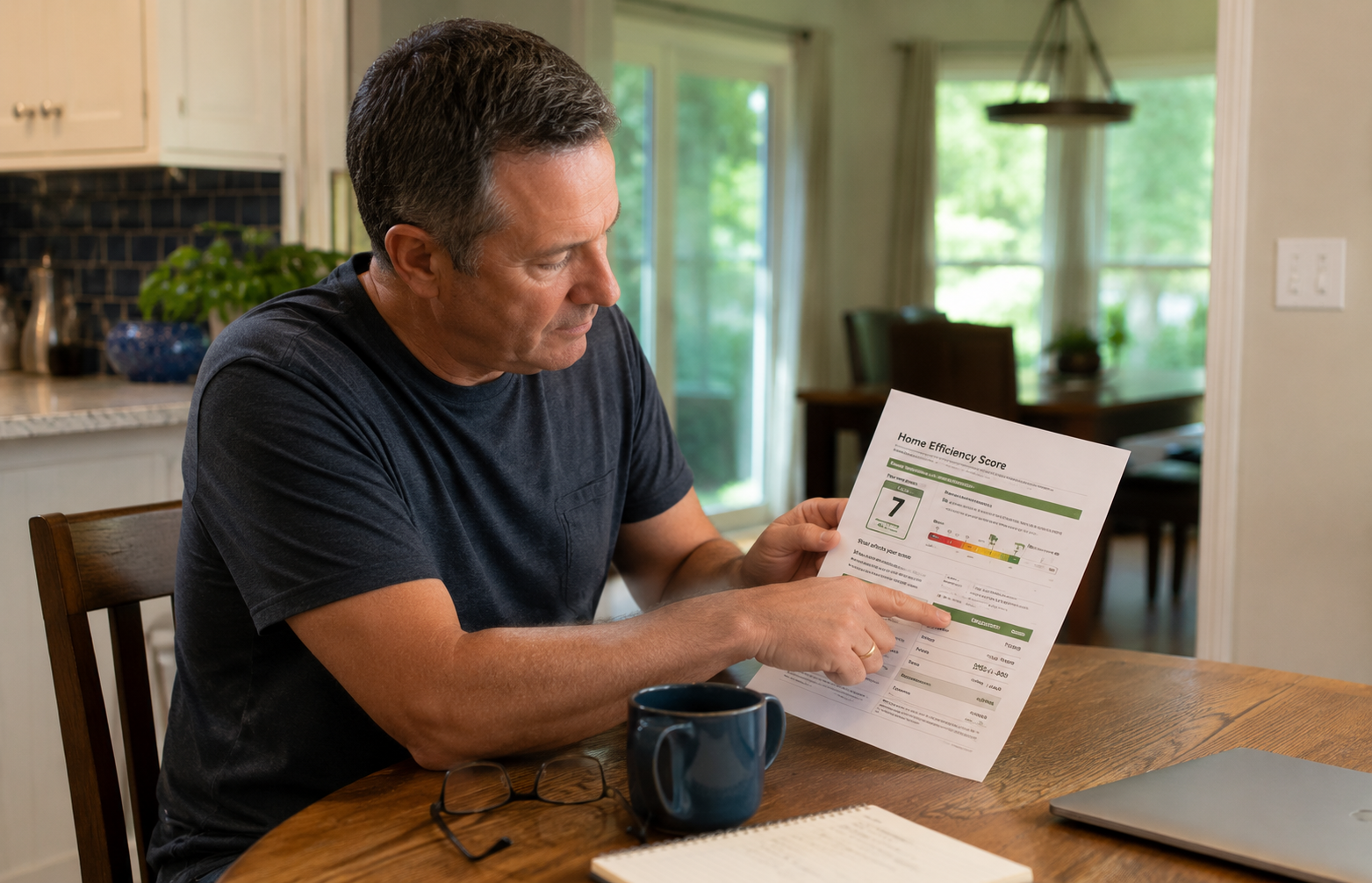 A homeowner sitting at their kitchen table with the printed Home Efficiency Score report in front of them, pointing to a section, mug of coffee and natural light