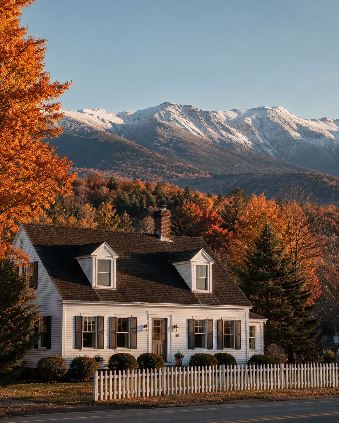 A classic New England cape-style home with the White Mountains in the distance