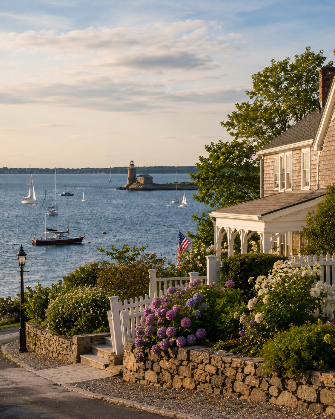 A coastal Narragansett Bay view with Newport-style cottage architecture and a lighthouse in the distance