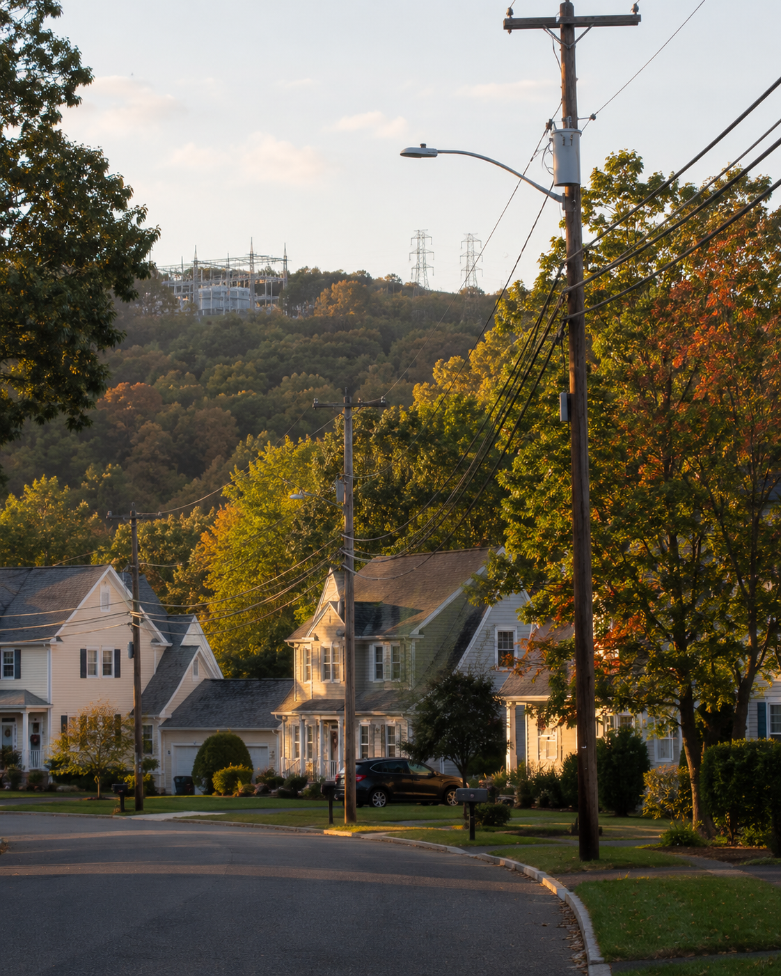 An inland Connecticut neighborhood in late afternoon: 1950s capes and center-hall colonials on a tree-lined cul-de-sac, distribution poles at the curb with transmission lines visible in the distance over a hardwood ridge