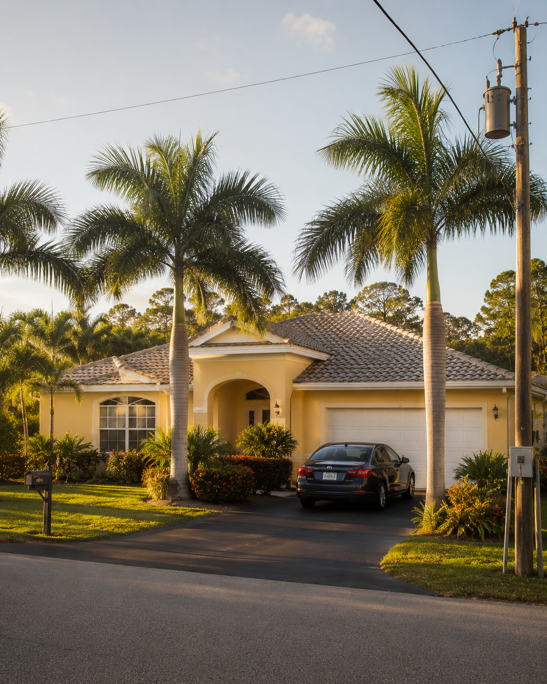 A single-story Florida stucco home with a barrel-tile or shingle roof in late-afternoon golden hour, royal palms framing the driveway, a pole-mounted distribution transformer visible at the property edge, pastel exterior under hot-climate light