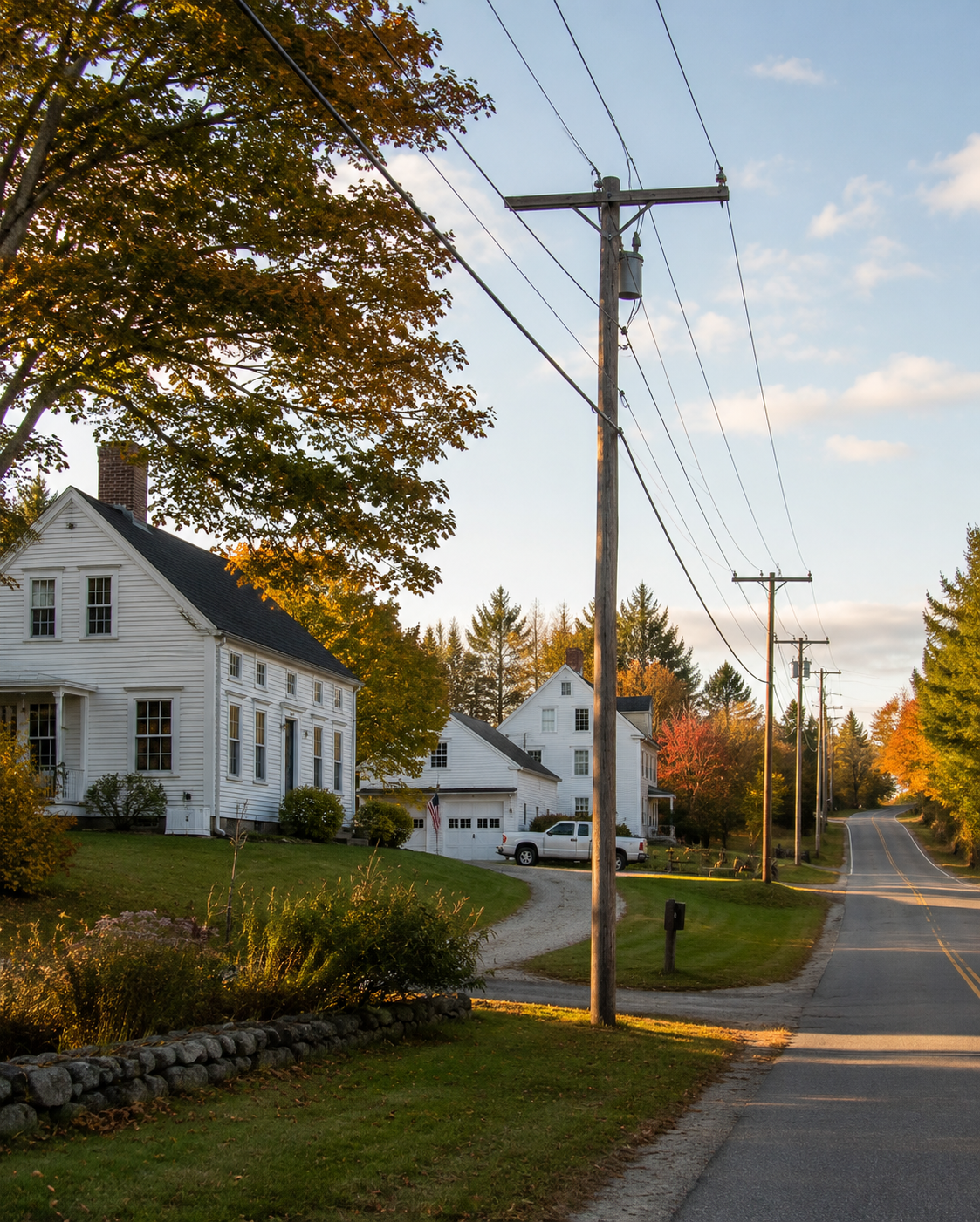 A rural Maine neighborhood at late afternoon, white-clapboard farmhouse-style homes set back from a country road with distribution lines running pole-to-pole along the shoulder