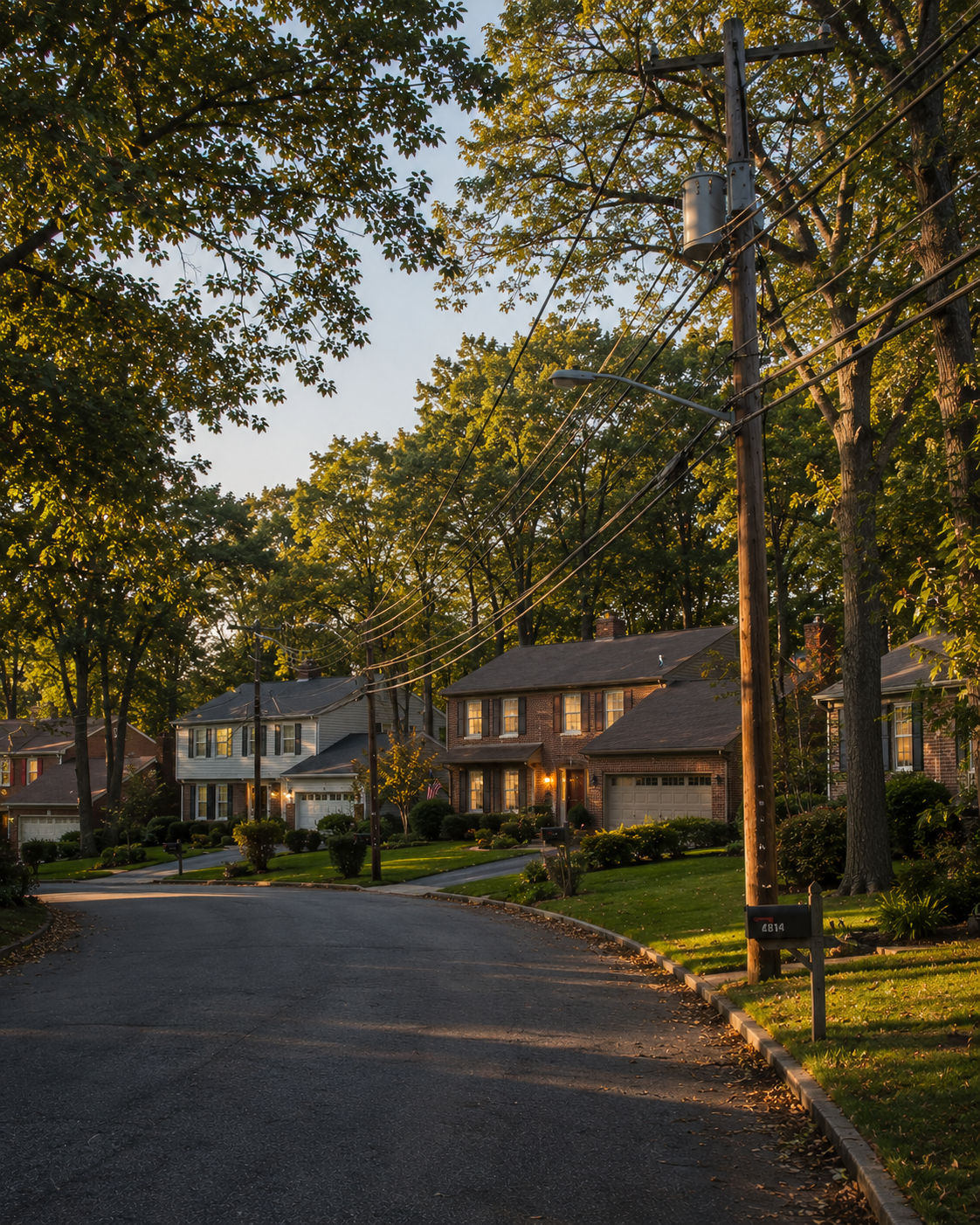 A Maryland suburban cul-de-sac in late afternoon: mature oaks and maples, two-story brick colonials with attached garages, distribution lines running between residential poles under soft amber light