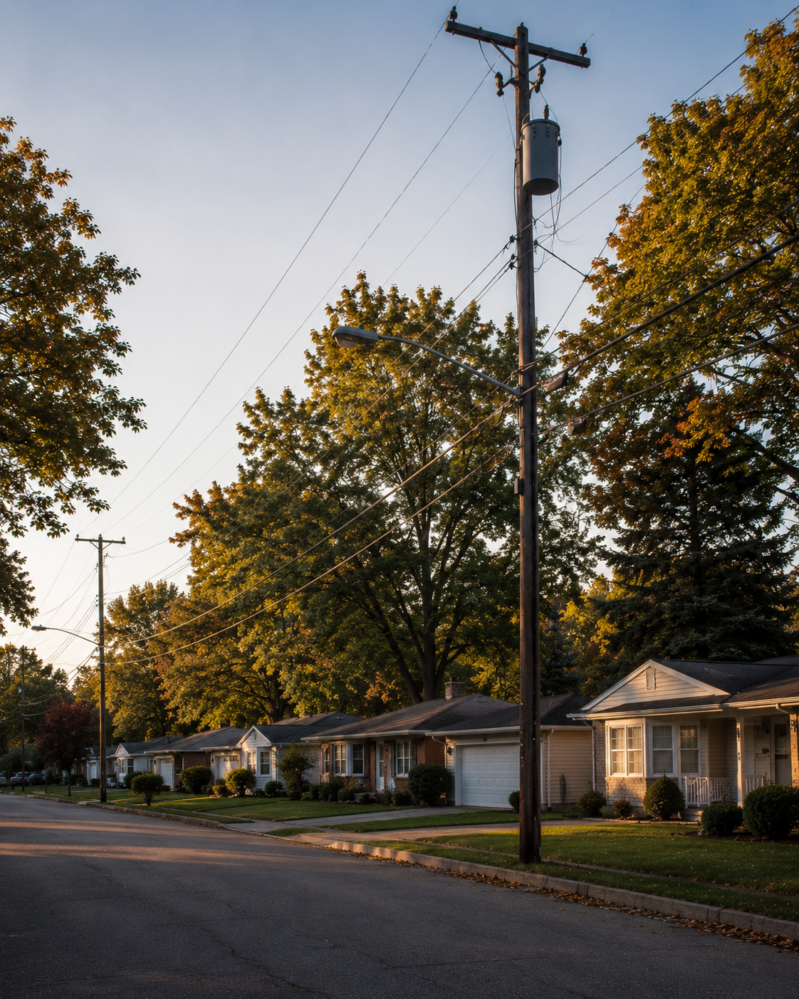 A late-afternoon Michigan neighborhood: mid-century or ranch homes with attached garages on a quiet residential street, mature trees, distribution lines visible against the sky on roadside poles, soft Midwestern light