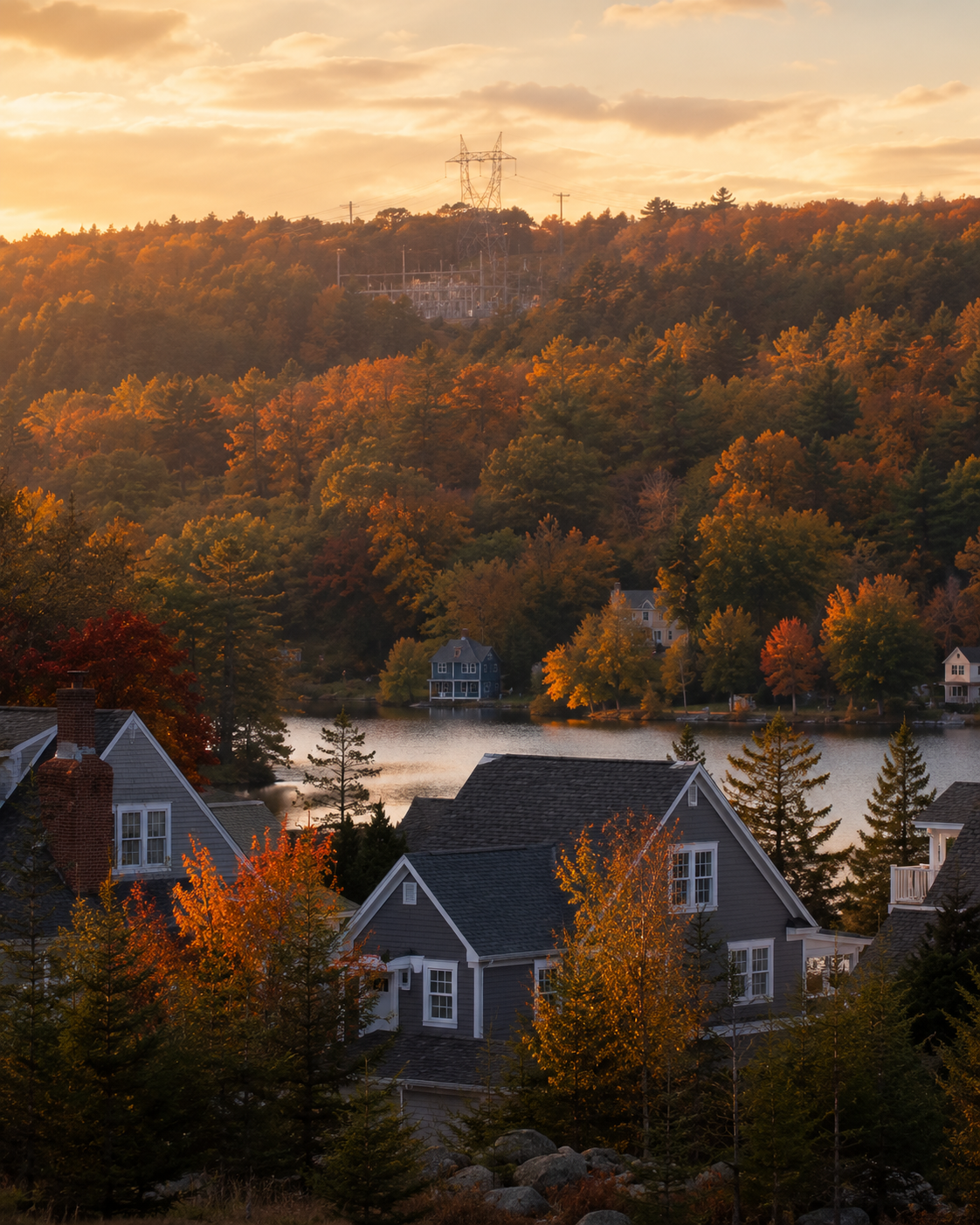 A New Hampshire lake or hill-country neighborhood at golden hour: cape-style homes with steep roofs and clapboard siding, transmission infrastructure visible against the tree line in the background