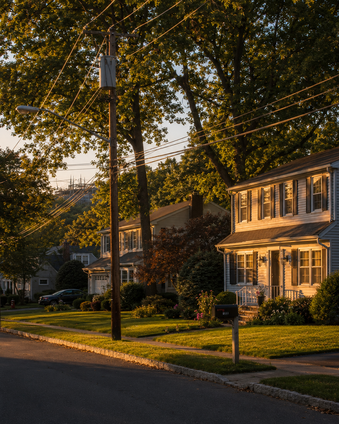 A typical New Jersey suburban scene: colonial or split-level homes set back on a tree-lined street with mature oak/maple canopy, late afternoon amber light, pole-mounted transformer and distribution lines visible but not dominant