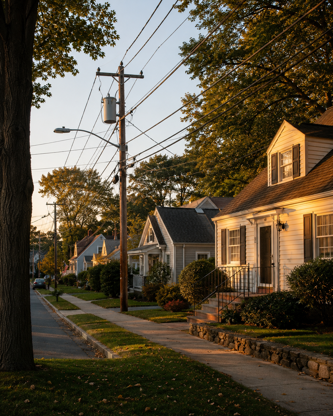 A New York residential street: a Westchester suburban block, row of Long Island Capes, or upstate village porch in late-day amber light, distribution lines visible against the sky with mature trees and a pole-mounted transformer