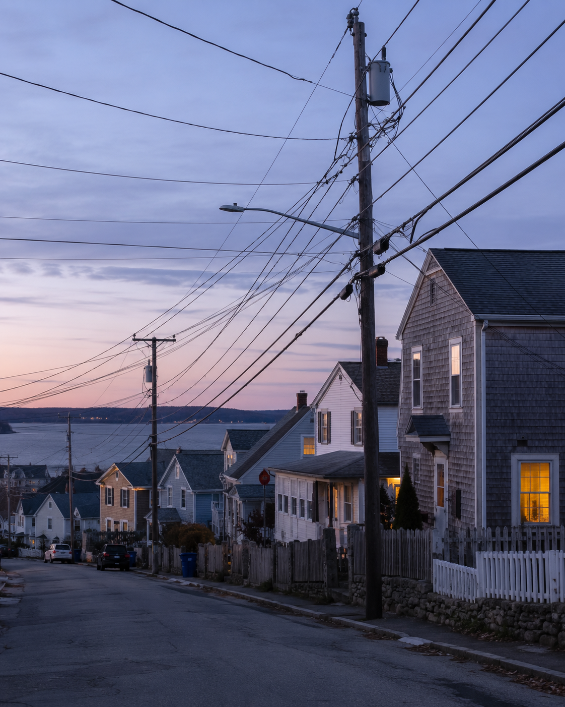A coastal Rhode Island neighborhood at dusk: modest New England capes and shingled cottages a few blocks from Narragansett Bay, distribution lines and pole transformers visible along the street under soft blue-hour light