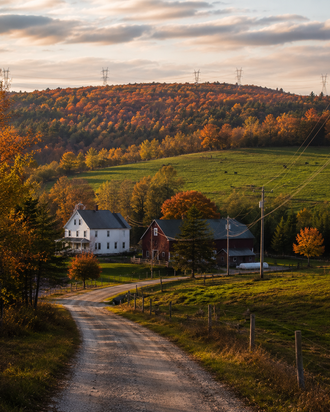 A rolling Vermont landscape in late autumn afternoon light: a working farmhouse with a barn and outbuildings on a hillside, distribution lines running between roadside poles across the ridge