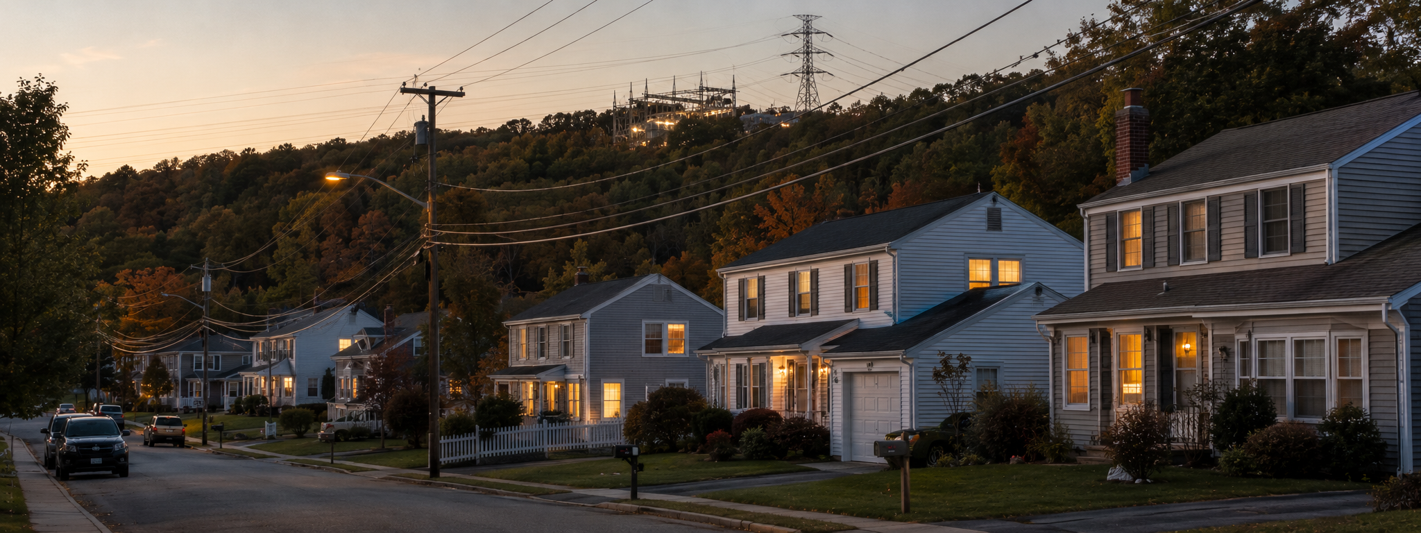 A wide horizontal shot of a Connecticut neighborhood at peak utility load: capes and colonials on a residential street, lights coming on inside houses, transmission lines running over a wooded ridge in the background
