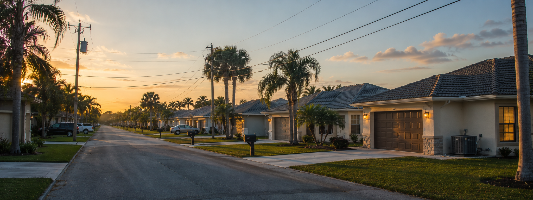 A wide horizontal shot of a Florida residential street at peak utility load: late afternoon palms casting long shadows, AC condensers visible at the side yards, distribution lines and a pole transformer in frame, settled hot-climate mood