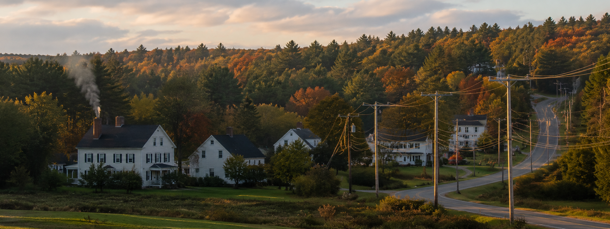 Wide horizontal Maine landscape: a small cluster of clapboard houses set against rolling tree-line, distribution poles marching along a country road in the middle ground