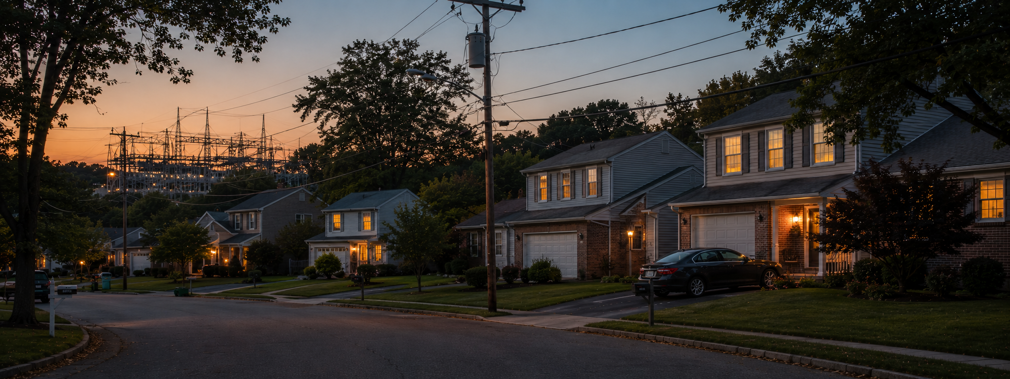 A wide horizontal shot of a Maryland neighborhood at peak utility load hour: late afternoon to early evening, lights coming on inside houses, distribution lines and subtle utility infrastructure visible, settled lived-in mood